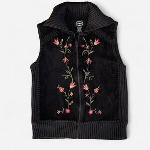 Designers Studio Originals Black Ribbed Knit Embroidered Leather w/ Flowers Vest